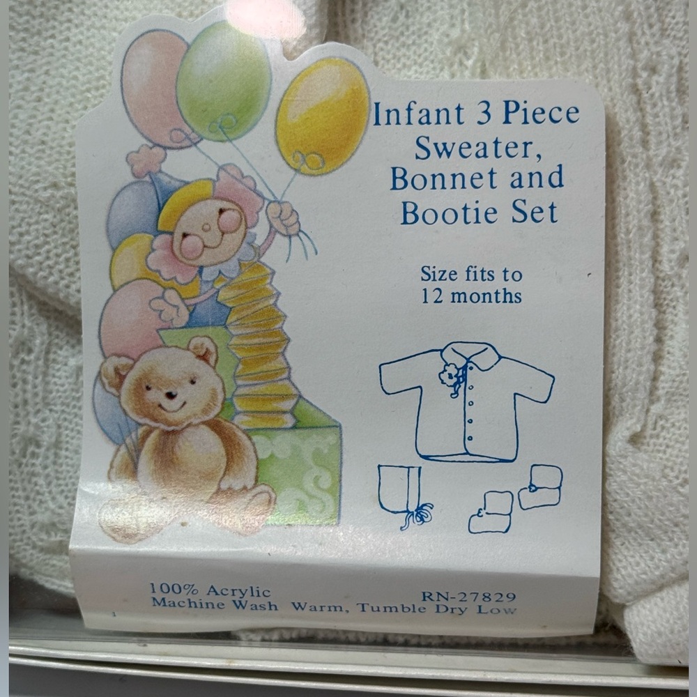 Vintage 1970s 1980s Novelty Knit Infant 3 Piece Sweater Bonnet Bootie Set NEW - Picture 2 of 7